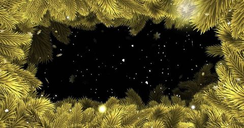 Golden fir branches framing starry black sky with falling snow and warm bokeh glow