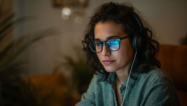 Focused woman wearing glasses and headphones working late on laptop in cozy home office
