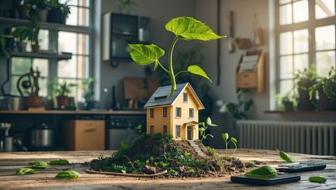 Miniature yellow house with plant emerging from roof on kitchen table