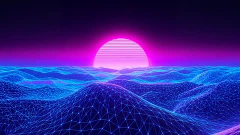 Neon Pulsating Sun Over Wireframe Terrain in Futuristic Horizon