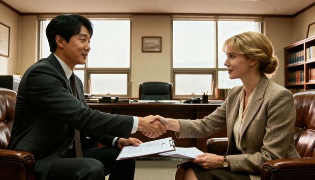 Executive handshake sealing partnership in corporate office meeting between colleagues