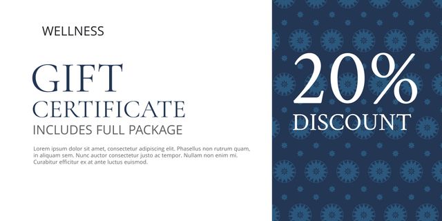 Perfect for promoting spa and wellness services, this elegant gift certificate design offers a 20% discount. Ideal for marketing campaigns, special promotions, and personalized gifts. Use it to attract new customers and reward loyal clientele.