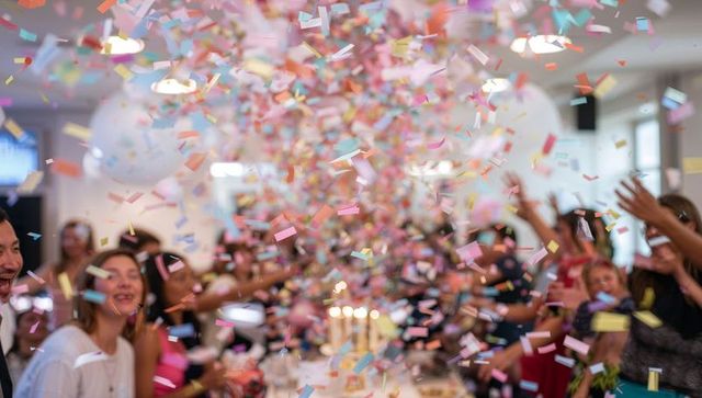 Vibrant Party Celebration with Confetti and Candlelit Cake