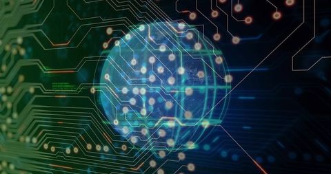 Holographic Digital Globe with Circuit Traces and Glowing Nodes Representing Global Network
