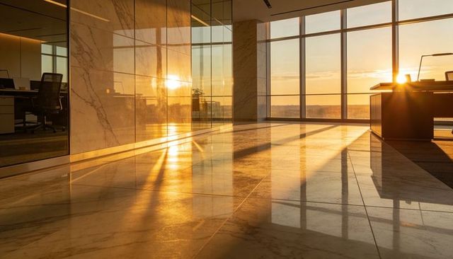 Sunlit marble lobby casting golden reflections through floor-to-ceiling office windows