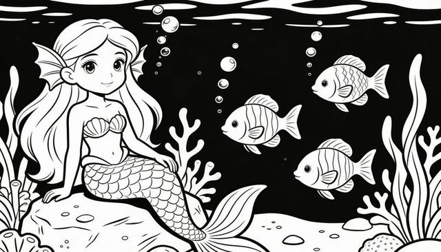 Mermaid sitting on rock with shell top and scaly tail surrounded by three friendly fish