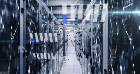 Illuminated data center corridor with overlay of digital elements