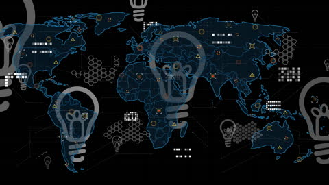 World Map with Digital Data Elements and Light Bulbs Overlay