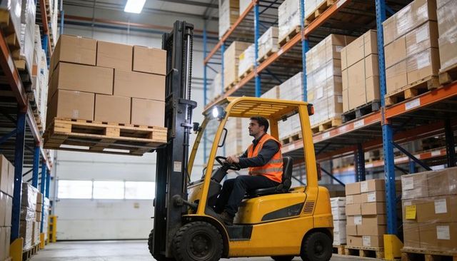 Forklift operator lifting pallet of boxes in industrial warehouse logistics and inventory