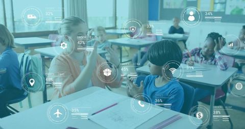 Elementary students collaborating with ar digital learning overlay in modern classroom