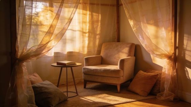 Sunlit cozy reading nook with beige armchair and sheer curtains at golden hour