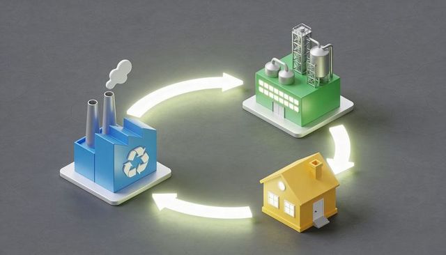 Circular economy cycle featuring recycling factory, green manufacturing plant and home