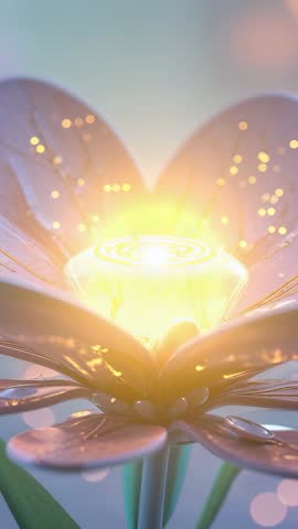 Futuristic Metallic Flower Emitting Golden Light and Sparks in Vertical Motion Loop