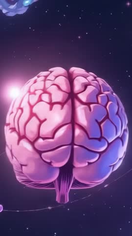 Rotating stylized human brain over cosmic backdrop vertical neuroscience animation