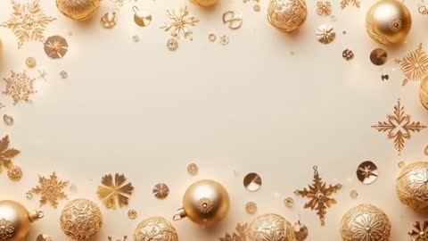 Panning gold ornament border with shimmering sequins and snowflakes on cream backdrop