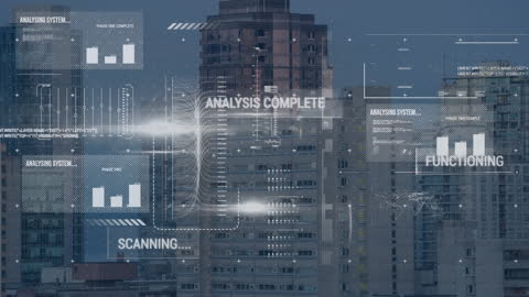 Digital graphics overlaying city skyline, illustrating abstract concept of advanced data analytics and smart technology in urban environments. Perfect for topics on innovation, high-tech infrastructures, and the future of urban living.