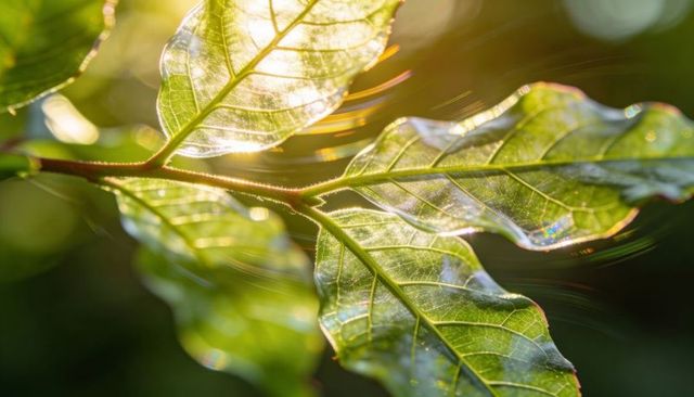 Golden hour light shimmering through translucent green leaves showing veins and serrated edges