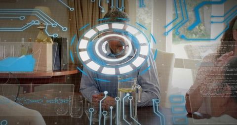 Older man in family tech discussion wearing button-up with futuristic hud overlay