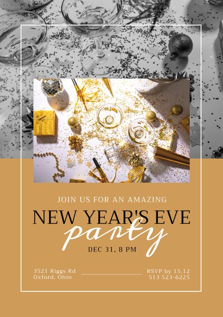 Composition of new year's eve invitation over decorations. New year's eve invitations and celebration concept digitally generated image.