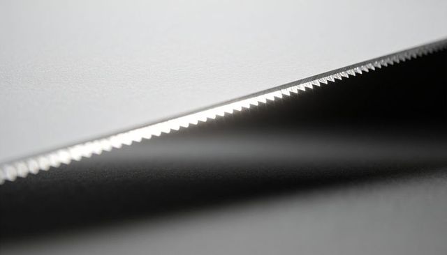 Macro closeup of serrated steel blade edge reflecting light on dark surface minimal