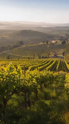 Vertical video gliding over sunlit vineyard rows, trellised grapes and rolling hills at golden hour