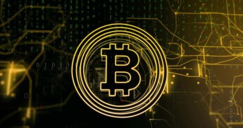 Golden bitcoin symbol glowing within rings over digital blockchain network visualization