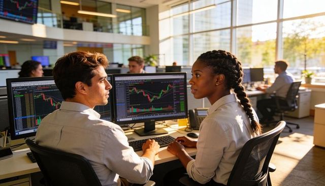 Young traders collaborating over stock charts on dual monitors in modern office