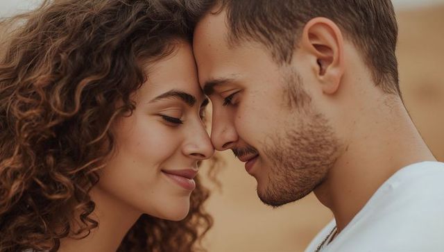 Intimate romantic couple closeup touching foreheads and noses at golden hour sand dunes