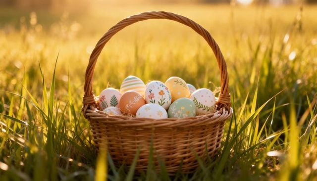 Wicker basket holding hand-painted pastel easter eggs in sunlit meadow at cozy golden hour