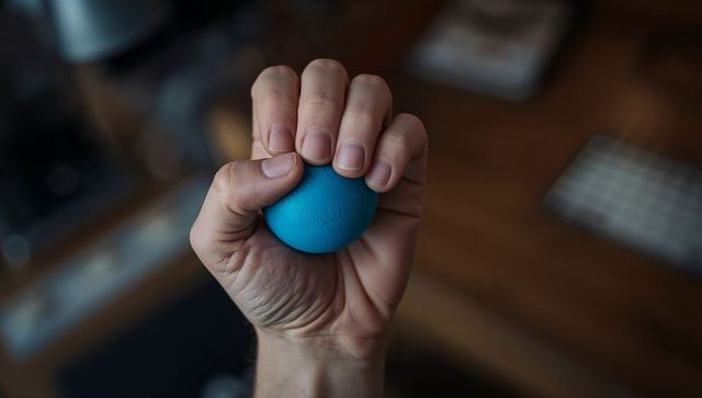 Squeezing adult hand gripping blue stress ball on home office desk for stress relief