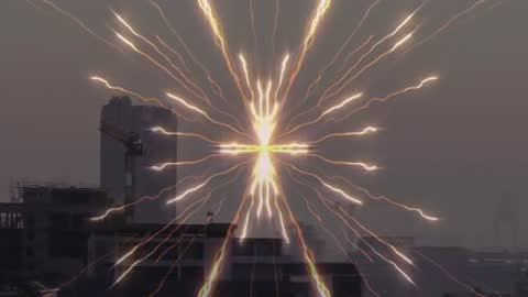 Rooftop Starburst Radiating Pulsing Light Rays over Hazy Urban Skyline Cinematic Loop