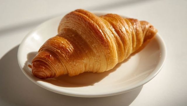Sunlit golden croissant resting on white plate showing flaky layers and buttery shine