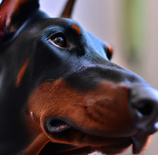 Close up of doberman pinscher face created using generative ai technology. Animals, pets and nature concept, digitally generated image.
