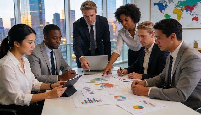 Diverse executive team analyzing global market maps and charts during strategy meeting