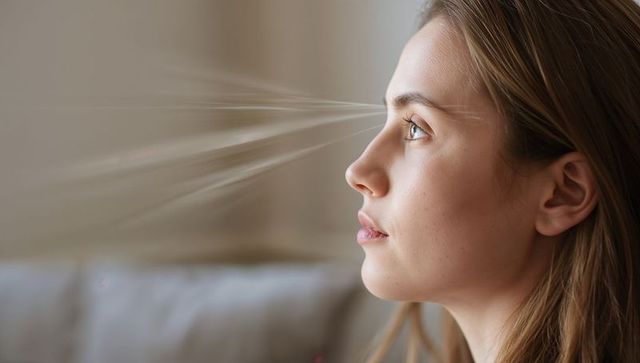 Young woman exhaling gently in sunlit neutral room with visible breath lines, mindfulness
