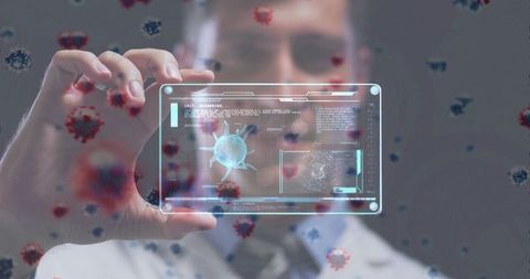 Doctor Examining Digital Interface with Virus Visualization