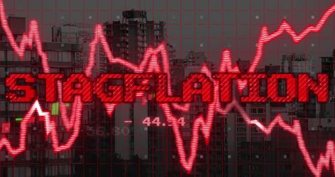 Stagflation concept with background of economic charts and cityscape
