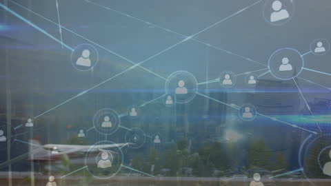 Global Networking Over a Cityscape with Digital Icons