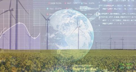 Visualizing Global Sustainability with Wind Turbines and Data Overlays