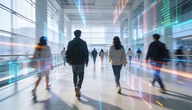 Commuters walking through glass atrium with digital tickers and holographic data overlays