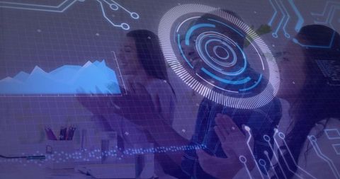 Business Professionals Engaging with Futuristic Technology Holographs