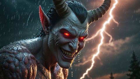Demonic Creature with Horns Under Stormy Lightning