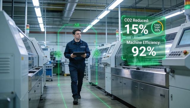 Technician walking production line monitoring ar co2 reduction dashboard 92% efficiency
