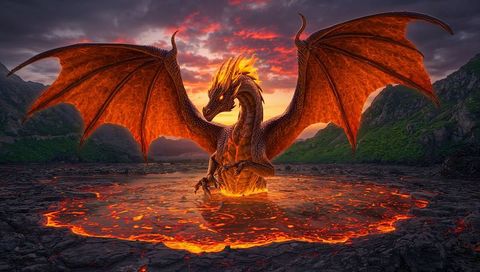 Mythical dragon emerging from molten lava with fiery wings