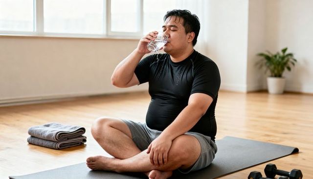 Plus-size man drinking water after workout on mat, resting during home fitness training