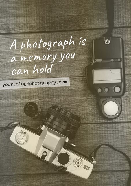 Depicting a vintage camera and light meter on a wooden surface, this visual captures the essence of nostalgic photography. The included inspirational quote adds a motivational touch, making it ideal for photography blogs, visual storytelling, and vintage-themed social media posts. This evocative visual evokes a sense of timeless joy and memory capturing through photography.