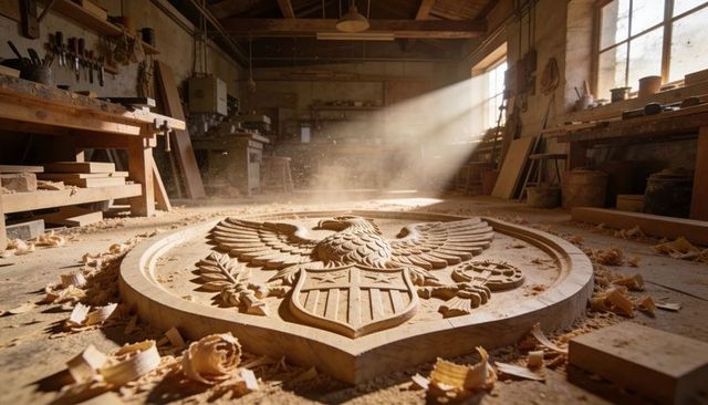 Sunlit woodcarved heraldic eagle emblem on workshop floor with shavings and chisels