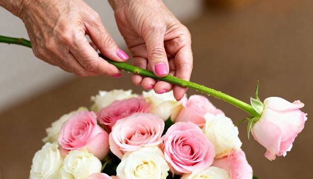 Senior hands arranging pastel pink and white rose bouquet with pink manicure closeup