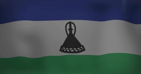 Waving lesotho flag with black mokorotlo emblem on blue white green tricolor banner