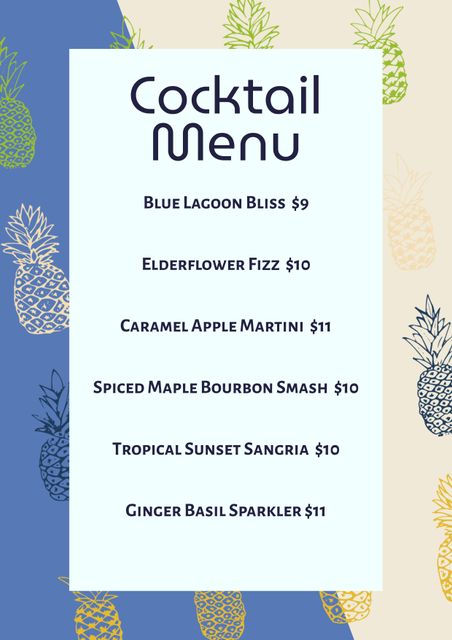 Bright, colorful cocktail menu featuring a tropical theme with a variety of exotic drink options. Pineapple design emphasizes the tropical feel. Suitable for use in bars, restaurants, and events. Great for attracting customers to try unique cocktails.